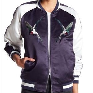 Navy Satin Varsity Bomber Jacket with Embroidery